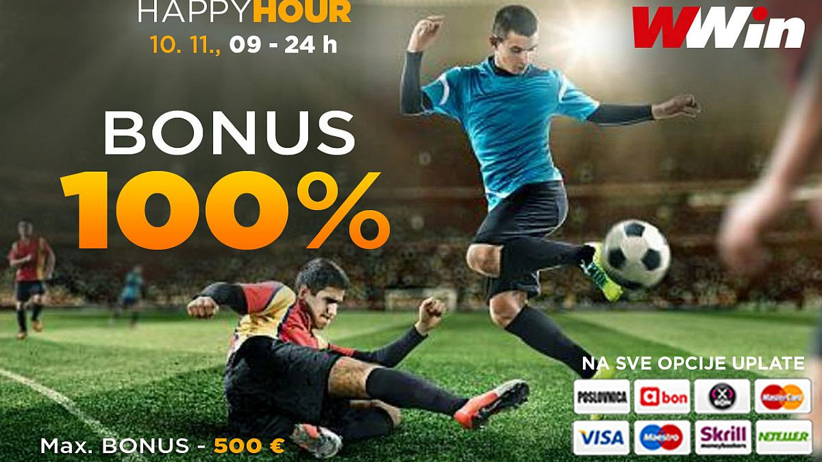 Happy Hours WWin - 100% bonusa na sve opcije uplate DANAS od 09 do 24h