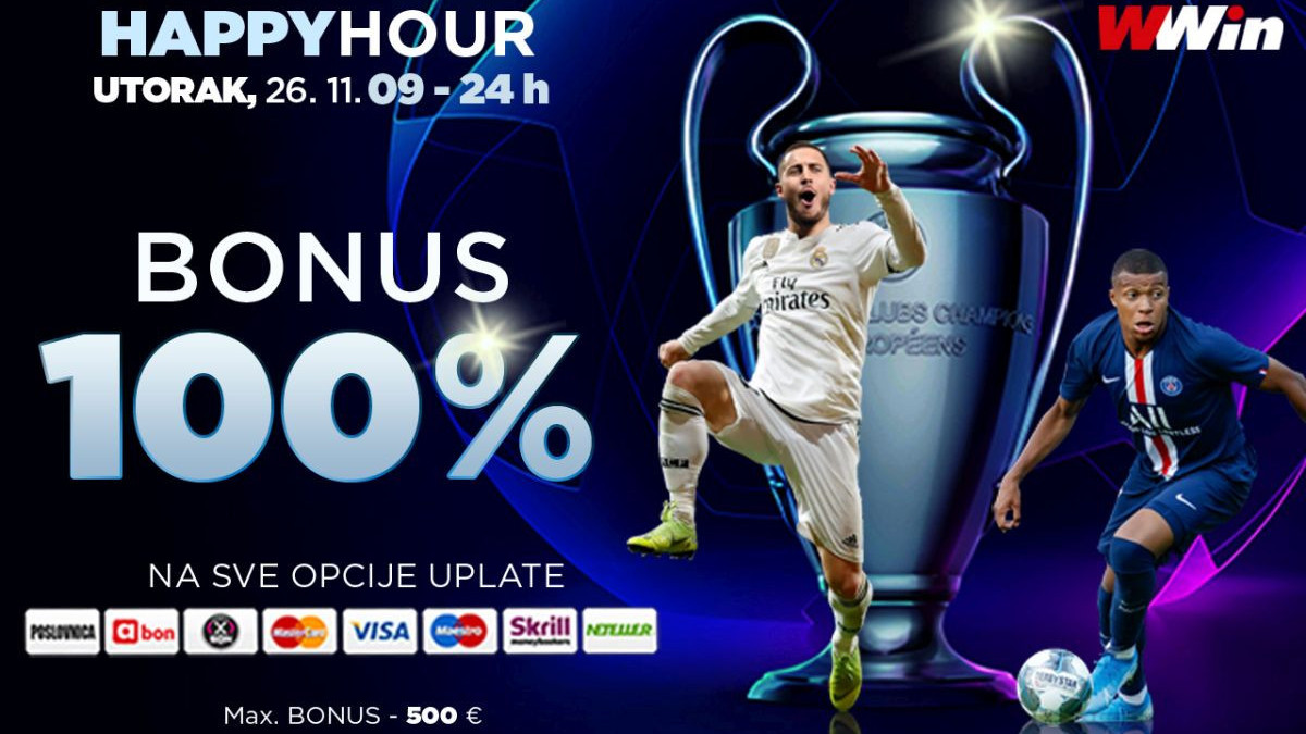 Happy Hours WWin - 100% bonusa na sve opcije uplate DANAS od 09 do 24h